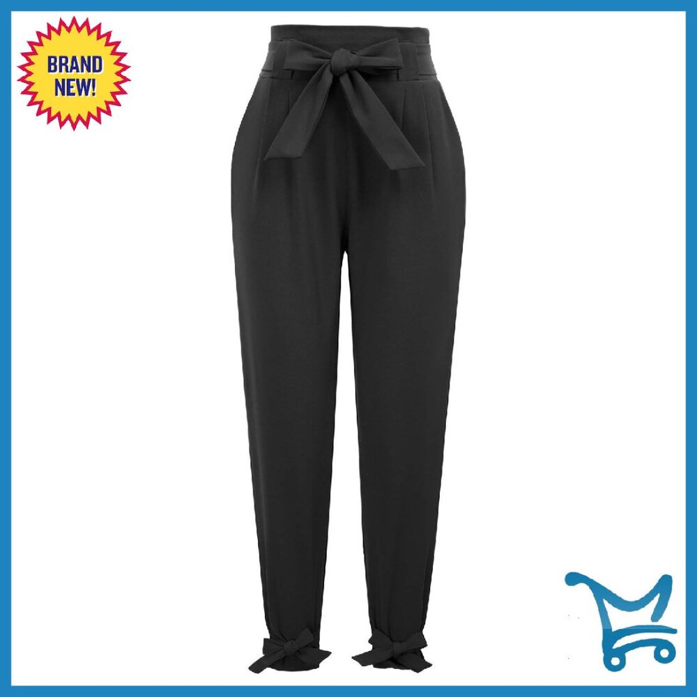 High Waist Paper Bag Pencil Slacks With Pockets, Business Casual